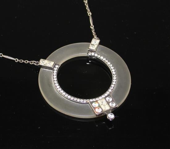 An Art Deco style paste mounted frosted glass? pendant necklace, marked 925, pendant 63mm, chain, 42cm.